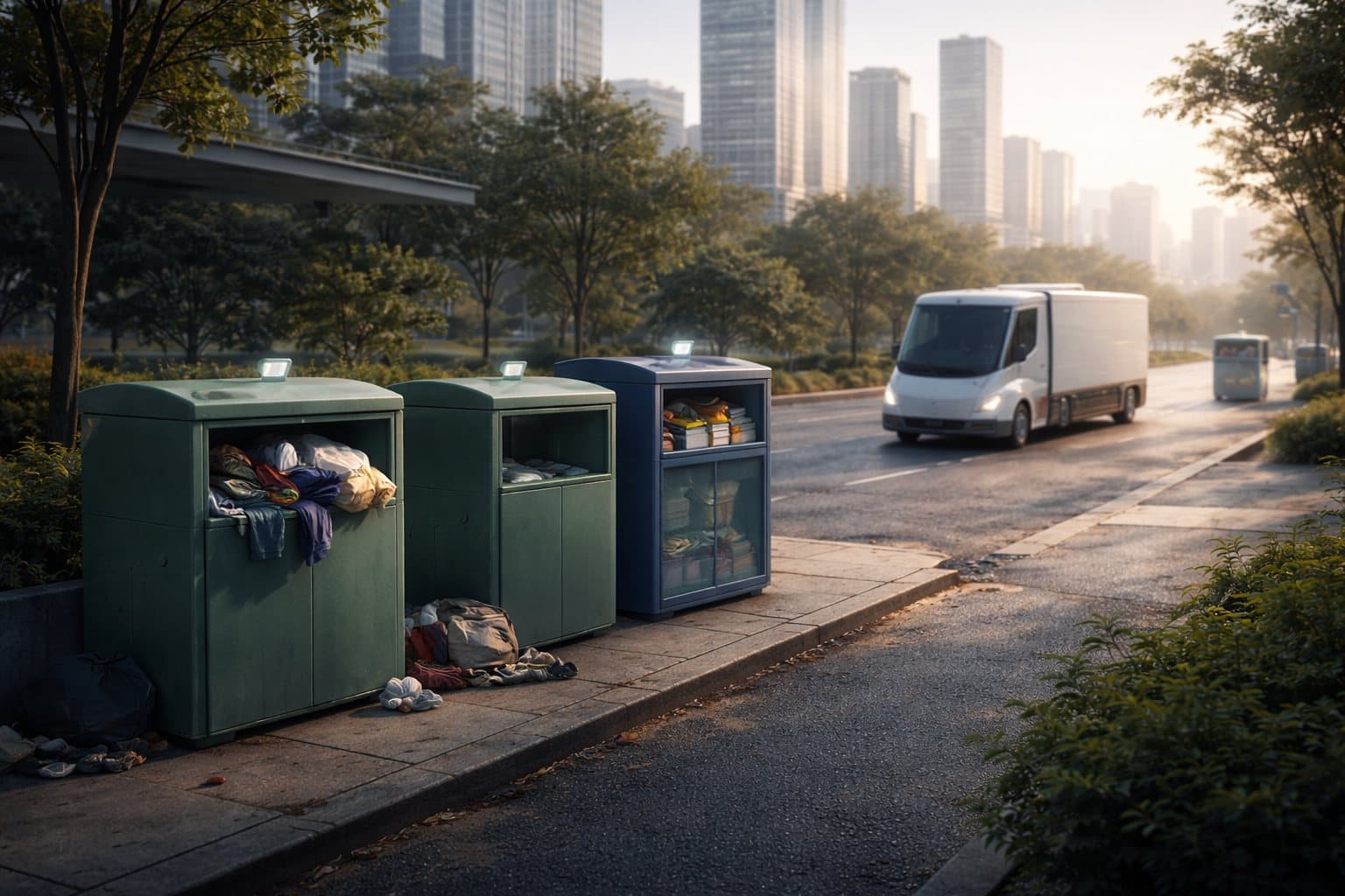 Donation bins for books and clothing along a street at dawn, a collection van passing