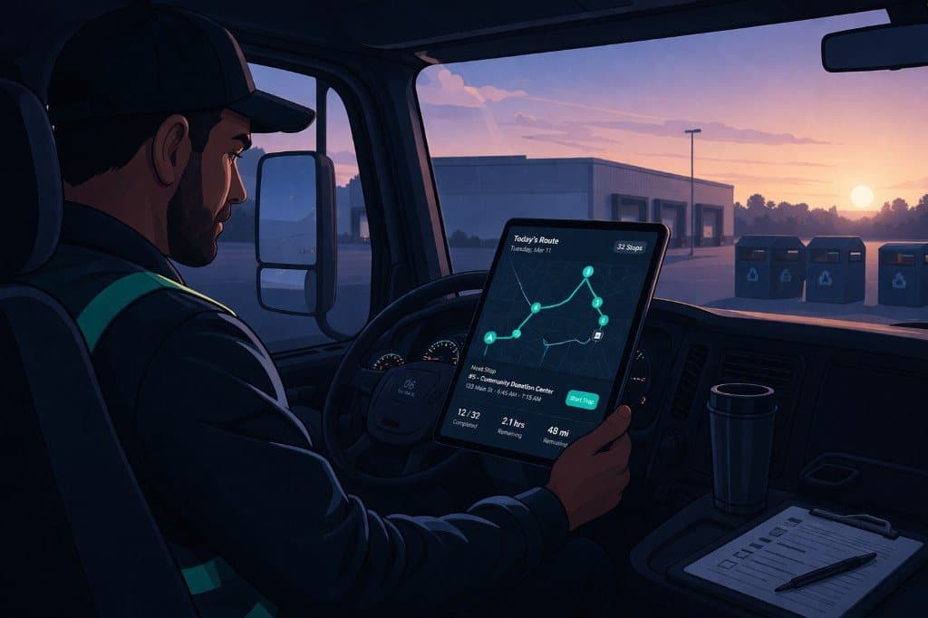 A driver starting a donation pickup route at dawn